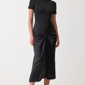 Black Pleated Satin Dress